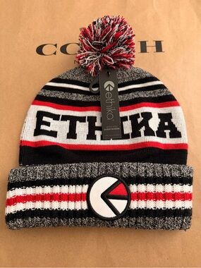 Ethika Striped Pom Beanie in Red Black Gray NWT